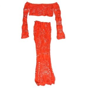 Orange Crochet Off-Shoulder Top and Skirt Set